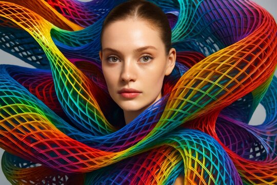Woman portrait surrounded by colorful abstract 3D mesh design