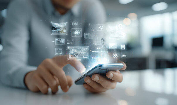 Man interacting with an advanced smart phone holographic user interface. - Powered by Adobe