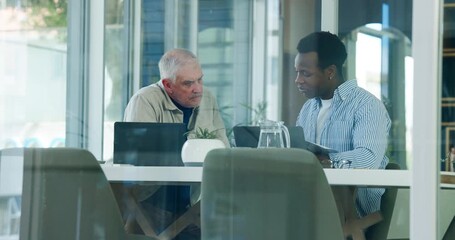 Paperwork, people or career consultant with laptop in office, client assessment or job search assistance. Goal setting, pc or men with document for skill evaluation, cv advice or guidance from expert