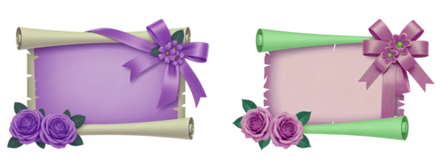 Two decorative scrolls with ribbons and roses for invitations and announcements on transparent background