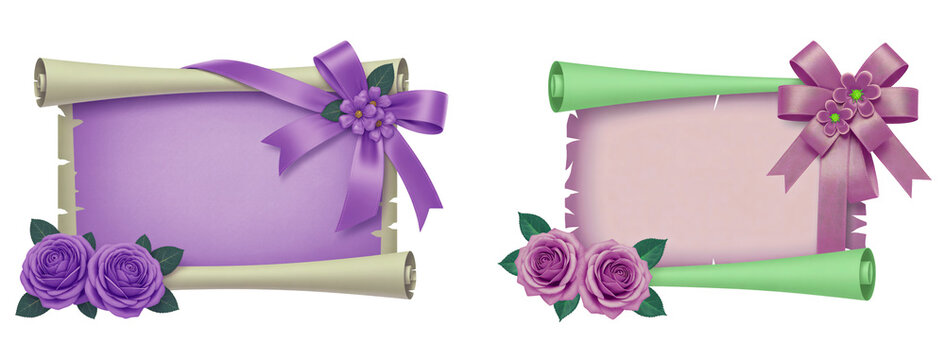 Two decorative scrolls with ribbons and roses for invitations and announcements on transparent background - Powered by Adobe
