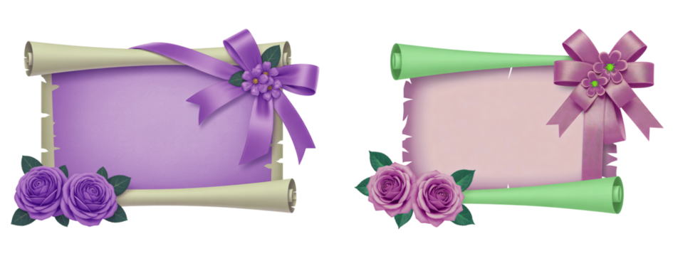Two decorative scrolls with ribbons and roses for invitations and announcements on transparent background - Powered by Adobe