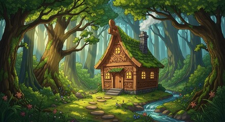 Enchanting Log Cabin Nestled Deep Within a Lush, Sun-Dappled Forest.