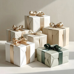 A collection of six beautifully wrapped gift boxes in white and green colors. Each box features elegant ribbons, perfect for holiday celebrations.