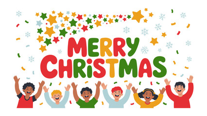 Holiday Joy: A vibrant illustration captures the spirit of the season with animated individuals celebrating, bright colors, stars, snowflakes and confetti against a festive background.