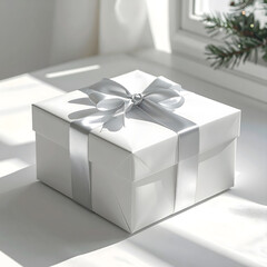 A white gift box with a silver ribbon sits on a table near a window. Soft sunlight illuminates the scene, creating a festive atmosphere for celebrations.