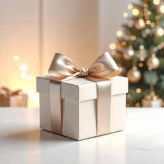A beautifully wrapped gift box with a satin ribbon sits on a table. In the background, a decorated Christmas tree adds a festive atmosphere.