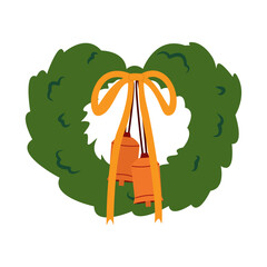 A New Year's wreath decorated with a yellow bow, ribbons, and Christmas bells on a white background. A Christmas wreath made of spruce and pine branches. A round frame of pine branches with Christmas 