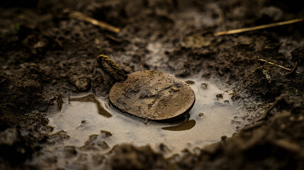 valor. An abandoned military medal lying in muddy ground, overcast daylight. lifestyle magazines, social media lookbooks, designed for influencer and brand collaborations, used by architects.