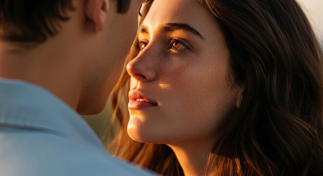 Close-up of young couple, woman's face illuminated by golden sunlight, conveying intimacy and connection, ideal for romance or relationship themes