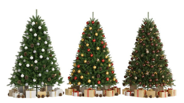 Three decorated christmas trees with presents underneath on a black background