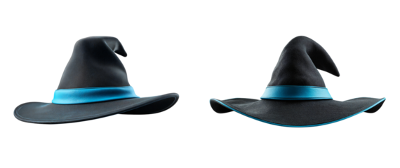Two elegant witch hats with blue ribbon trim against a stark black backdrop on transparent background