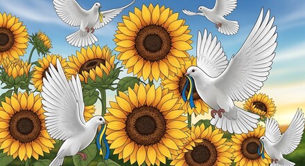 Peace Doves Flying Over Sunflowers with Ukrainian Ribbons.