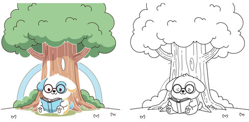 Intellectual Cartoon Puppy with Glasses Reading Under a Large Tree - Educational Coloring Page for Kids