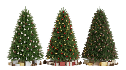 Three beautifully decorated christmas trees with presents underneath on a black background
