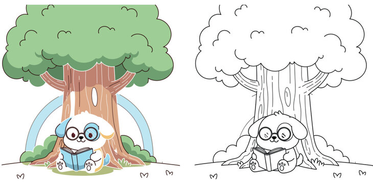 Intellectual Cartoon Puppy with Glasses Reading Under a Large Tree - Educational Coloring Page for Kids