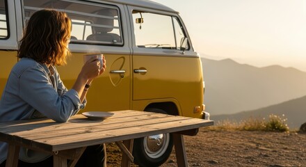 Young caucasian woman enjoying coffee by yellow van at scenic mountain viewpoint