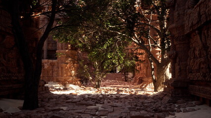 Sunlight filters through the dense foliage of ancient ruins, casting warm light on weathered stone and fallen debris. Nature reclaims the area with lush greenery and serene beauty.