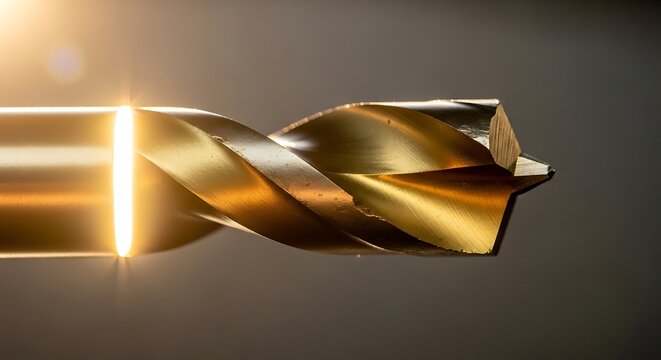 Macro photography showcasing the gleaming, sharp drill bit in golden light