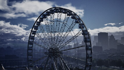A large Ferris wheel spins slowly against a dramatic backdrop of clouds and skyscrapers. The evening light enhances the scene, giving a magical feel to the urban landscape.