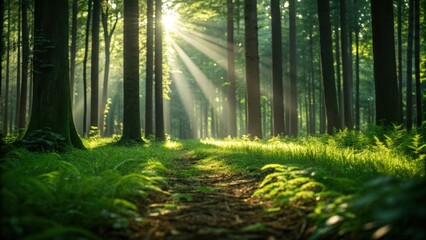 Fototapeta premium Sunlight filtering through a majestic forest canopy onto a tranquil path