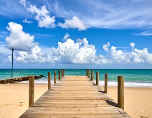 Fototapeta premium Wooden pier extends towards turquoise ocean waters under a bright blue sky filled with fluffy white clouds. Sandy beach in front