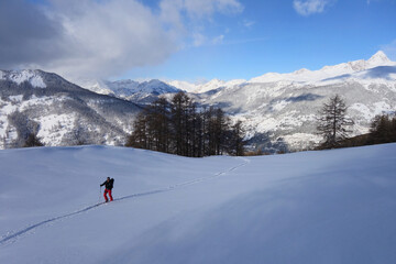 Ski de randonn&eacute;e en Queyras. Dans la trace de mont&eacute;e. Molines-en Queyras - Massif du Queyras - Hautes-Alpes. 