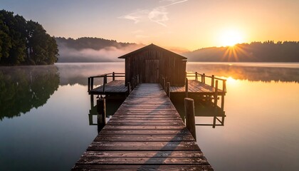 Wooden pier leads to a rustic boathouse at sunrise. Golden light bathes the calm lake and surrounding hills shrouded in mist