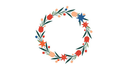 A vibrant and colorful floral wreath featuring red and peach tulips, blue and orange stars, and green leaves, ideal for spring and summer.