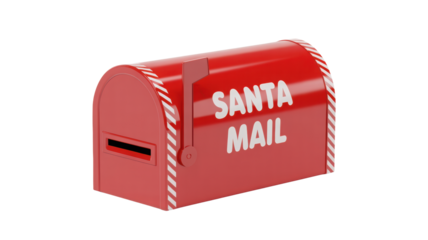 Festive red santa mailbox with white lettering and decorative trim isolated on transparent background