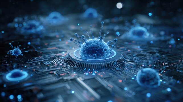 Futuristic virus particle on digital circuit board