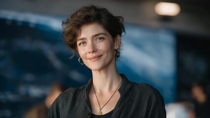 Confident female veteran giving a keynote presentation at a technology conference, speaking about resilience and leadership on a stage with futuristic visuals — concept of women in tech,