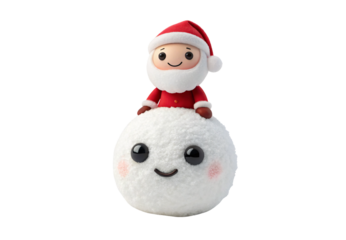 Cute Santa figure sitting atop smiling snowman decoration, isolated on a transparent background