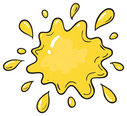 Hand drawn cartoon illustration of a yellow liquid splash with drops