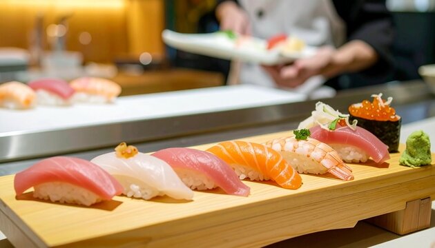 寿司職人が握り寿司を仕上げる瞬間を捉えた日本料理の情景