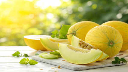 Casaba Melon and casaba melon slice on white surface in natural warm sunlight background