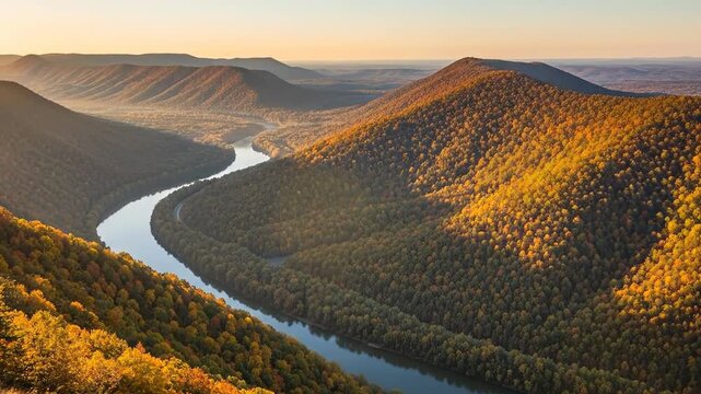 Autumn Canyon Landscape with Winding River and Golden Mountains at Sunset.