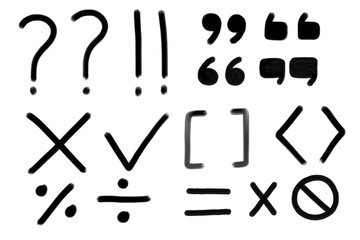 Hand-drawn punctuation and symbol set featuring question marks, exclamation marks, brackets, math signs, and check symbols, perfect for notes, highlights, UI design, education materials, and creative 
