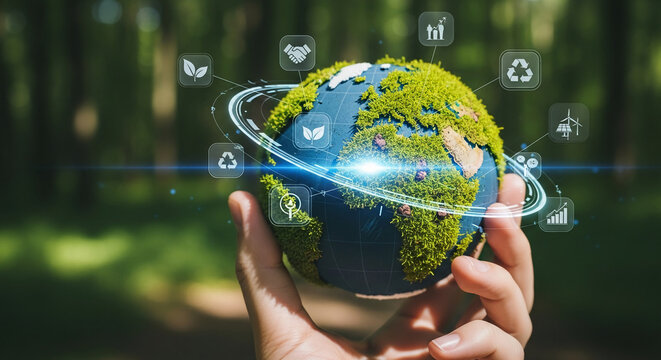 Hand holding a small globe covered in green moss, surrounded by digital icons symbolizing environmental sustainability and technological growth, showcasing eco-friendly concepts