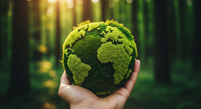 Hand holding miniature moss-covered Earth against blurred forest background, symbolizing environmental care and sustainability, promoting eco-friendly practices