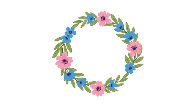 Beautifully illustrated round floral border with cheerful pink and blue blossoms and lush green leaves, suitable for various occasions. - Powered by Adobe