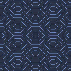 Elegant geometry seamless pattern with thin lines. Vector abstract backdrop in navy blue hues, stylized diamond elements, classic symmetry, refined shapes and balance inspired by traditional motif art