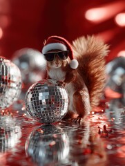 Party-Eichh&ouml;rnchen mit Santa-M&uuml;tze und Glitzerkugeln im Festlicht