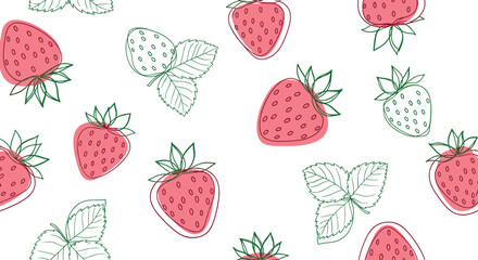 A delightful seamless pattern featuring hand-drawn pink and outlined strawberries with green leaves, rendered in a charming doodle style on a white background.