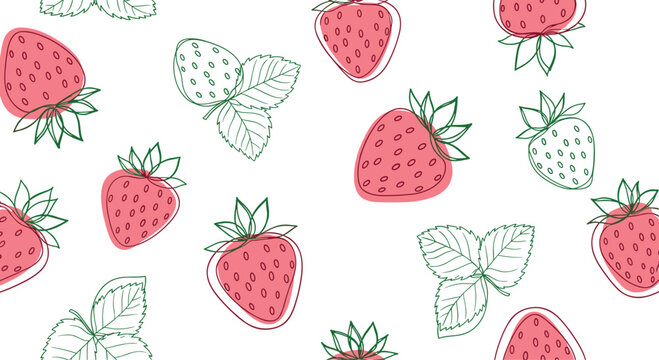 A delightful seamless pattern featuring hand-drawn pink and outlined strawberries with green leaves, rendered in a charming doodle style on a white background.