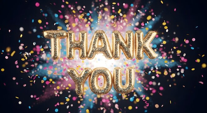 Golden thank you balloons with colorful confetti explosion - Powered by Adobe