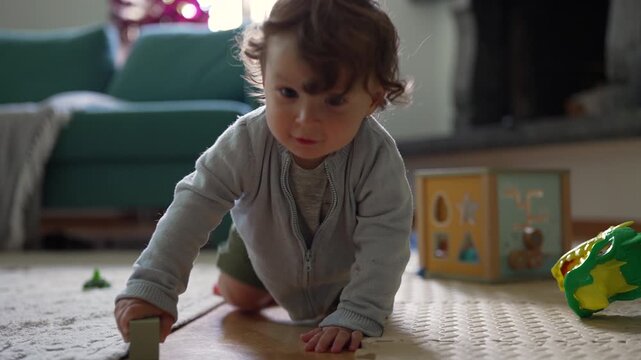 Toddler crawling on floor reaching for toy block while wooden shape sorter sits nearby, exploring coordination and curiosity during early learning playtime at home