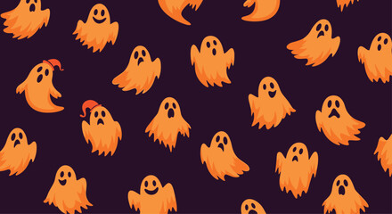 Seamless Halloween pattern featuring cute orange cartoon ghosts with various expressions and witch hats on a dark purple background.