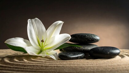 Zen arrangement featuring a white lily and smooth, dark stones balanced on a bed of sand with artful, circular patterns