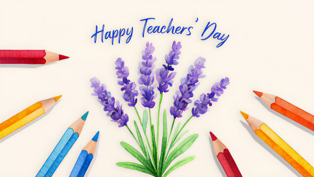 Happy teachers' day with lavender watercolor and colorful pencils
